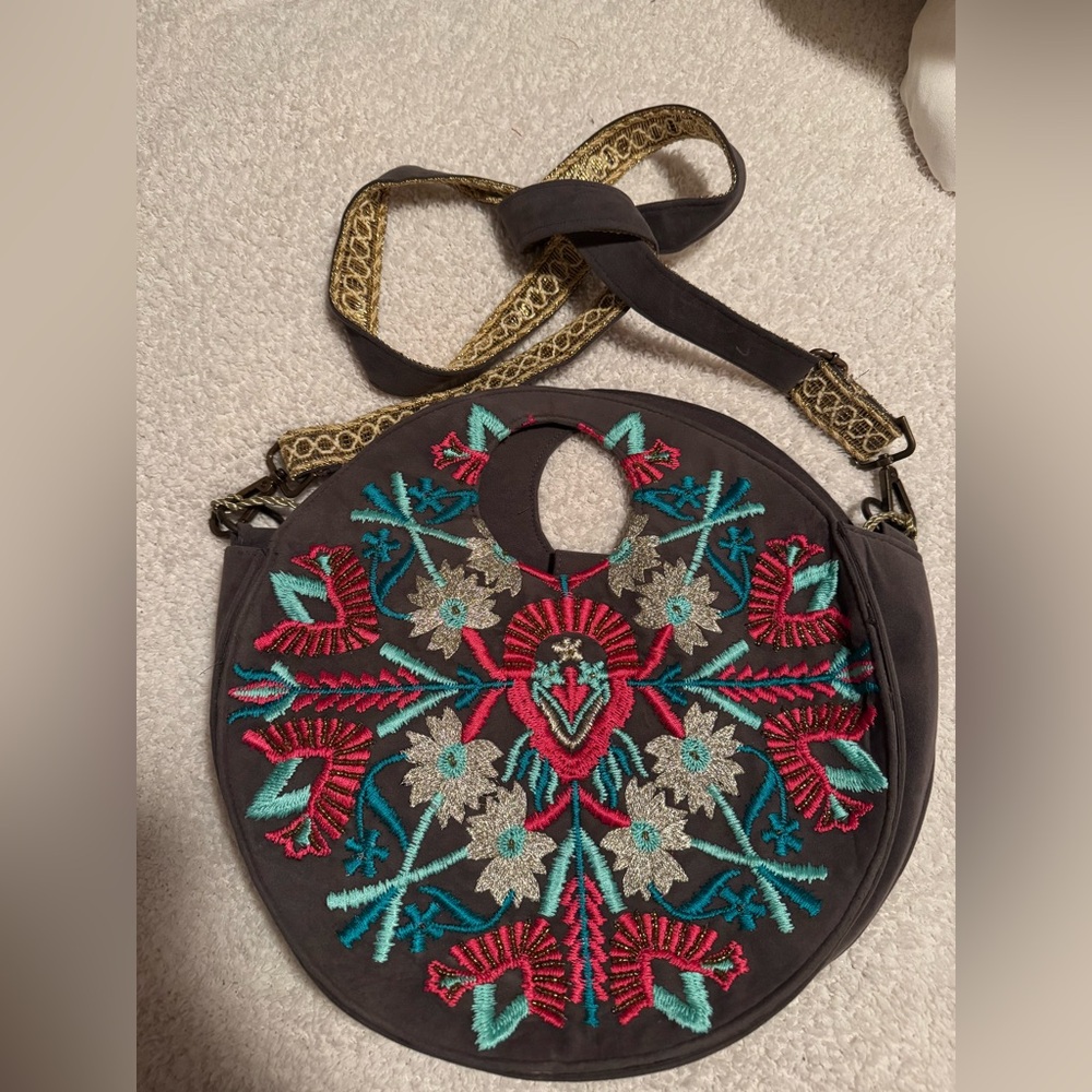 Floral Embroidered Crossbody Bag - Gray and Multicolor